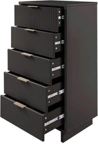 Manhattan Comfort Granville 24-Inch Modern Tall Dresser with 5 Full Extension Soft Close Drawers, Textured Ribbed Lines Design Made of Solid Wood with Gold Accent, TV Stand for Bedroom, Dark Grey