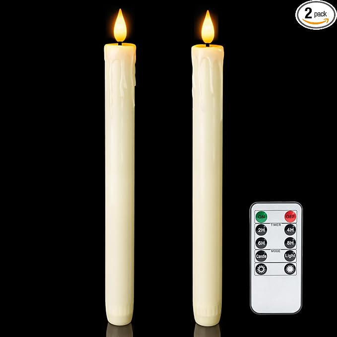 Homemory 2 PCS Flameless Taper Candles with Remote and Timer, 9.6 inch Ivory LED Candle Sticks Battery Operated, Dripless Real Wax Window Candles with 3D Flickering Flame for Fireplace Christmas