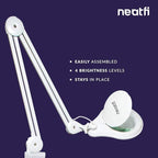 Neatfi 1,200 Lumens LED Magnifying Lamp with Clamp – 5-Inch Lens, 5 Diopter, Dimmable, Adjustable Arm, Includes Microfiber Cloth, Lamp for Reading, Sewing, Crafting (White, 5 Diopter)