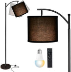 LED Floor Lamps for Living Room, 12W Modern Arc Floor Lamp with Remote & Adjustable Linen Lampshade, Stepless Dimmable Tall Standing Lamp for Bedroom Office Reading (Black Shade)