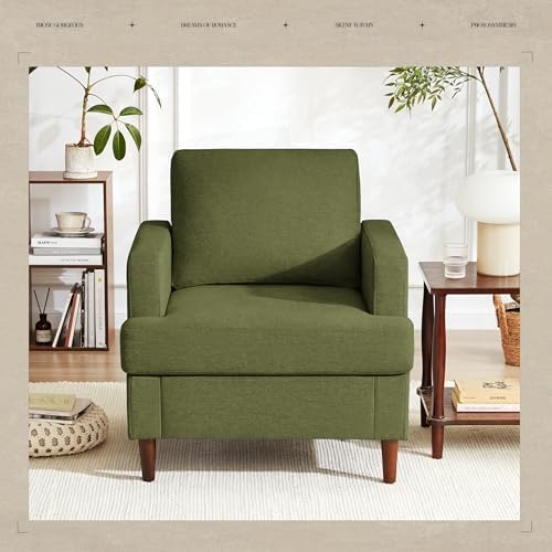Mid-Century Accent Chair, Comfy Upholstered Reading Accent Chairs for Bedroom, Modern Linen Fabric Armchair for Living Room, Single Sofa Chair with Wood Legs (Green, 2 Pack)