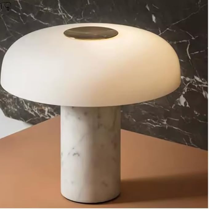 Mushroom Table Lamp | Solid Marble Black Base & Frosted Glass Shade | 3000K Warm White LED | Modern Lamp for Bedroom, Living Room, Office, Entryway, Desk, Small Spaces