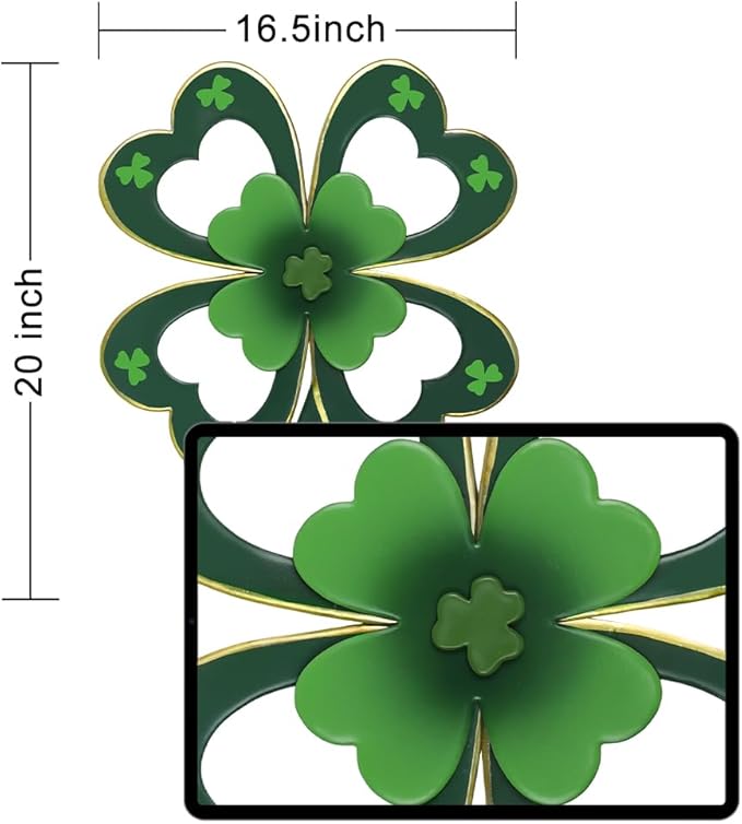 YEAHOME St Patricks Day Wall Decorations, 16'' Metal Four-Leaf Clover Wall Art Decor, Lucky Saint Patricks Day Hanging Decor for Home Indoor Outdoor Garden, Yard, Kitchen, Bathroom, Bedroom