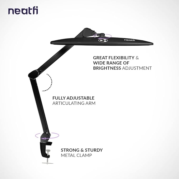 Neatfi Elite HD XL Desk Lamp with Clamp, 1600 Lumens, 22-Inch Wide Head, Non-Polar Dimming, 84 SMD LEDs, 6500K, Task Light for Home, Office, Study Room (Non-CCT with Clamp, Black, 22 Inches)