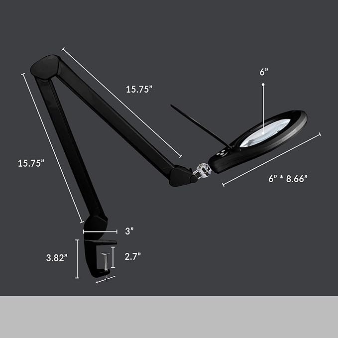 Neatfi Elite Super LED Magnifying Lamp with Clamp, 6” Glass Lens, Dual Magnification, 5D/12D, 6500K, Glare-Free, Nonpolar Dimming, Lamp for Reading, Sewing, Crafting (6 Inch Lens, Black)