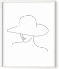 Elegant Woman in Hat Wall Art Minimalist Feminine Profile Continuous Line Drawing 8x10 Inch Oak Wood White Framed Chic Fashion Print for Vanity Bedroom