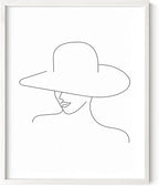 Elegant Woman in Hat Wall Art Minimalist Feminine Profile Continuous Line Drawing 8x10 Inch Oak Wood White Framed Chic Fashion Print for Vanity Bedroom