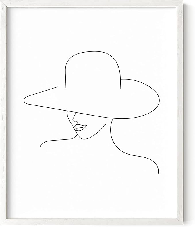 Elegant Woman in Hat Wall Art Minimalist Feminine Profile Continuous Line Drawing 8x10 Inch Oak Wood White Framed Chic Fashion Print for Vanity Bedroom