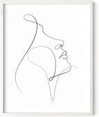 Minimalist Woman Profile Wall Art Upward Gaze Continuous Line Drawing Feminine Face 11x14 Inch Oak Wood White Framed Modern Aesthetic Print for Living Room
