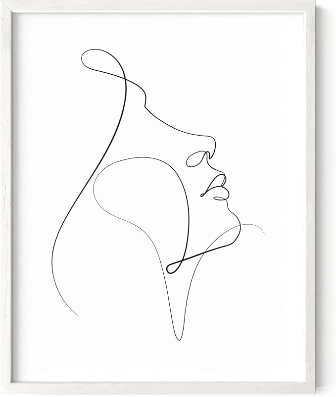 Minimalist Woman Profile Wall Art Upward Gaze Continuous Line Drawing Feminine Face 11x14 Inch Oak Wood White Framed Modern Aesthetic Print for Living Room