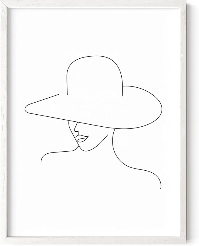 Elegant Woman in Hat Wall Art Minimalist Feminine Profile Continuous Line Drawing 12x16 Inch Oak Wood White Framed Chic Fashion Print for Vanity Bedroom
