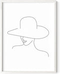 Elegant Woman in Hat Wall Art Minimalist Feminine Profile Continuous Line Drawing 12x16 Inch Oak Wood White Framed Chic Fashion Print for Vanity Bedroom