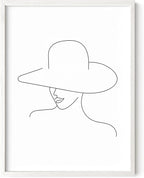 Elegant Woman in Hat Wall Art Minimalist Feminine Profile Continuous Line Drawing 12x16 Inch Oak Wood White Framed Chic Fashion Print for Vanity Bedroom