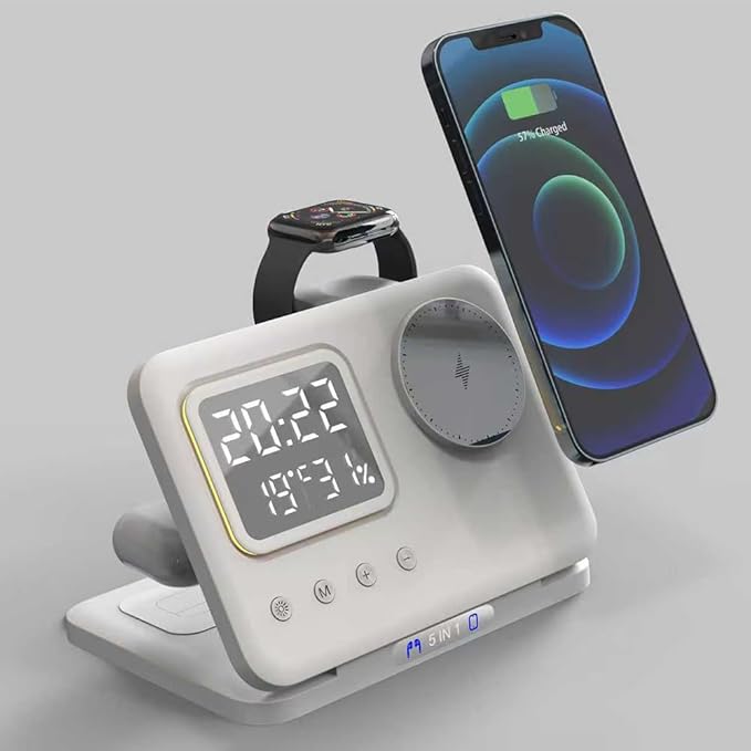 IHAO 5in1 Multi Functional Wireless Charger with Digital Clock 18W Fast Charge Night Light Temperature Display Magnetic Attraction Compliant for iPhone, Apple Watch and Qi Headphone-DH13 White