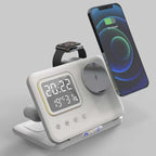 IHAO 5in1 Multi Functional Wireless Charger with Digital Clock 18W Fast Charge Night Light Temperature Display Magnetic Attraction Compliant for iPhone, Apple Watch and Qi Headphone-DH13 White