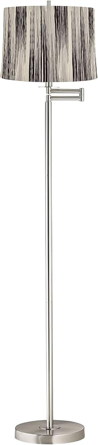 360 Lighting Druckman Modern 60 1/2" Tall Standing Floor Lamp Skinny Adjustable Swing Arm Pole Silver Metal Brushed Nickel Finish Living Room Bedroom House Reading Office Black Stripe Drum Shade