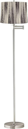 360 Lighting Druckman Modern 60 1/2" Tall Standing Floor Lamp Skinny Adjustable Swing Arm Pole Silver Metal Brushed Nickel Finish Living Room Bedroom House Reading Office Black Stripe Drum Shade