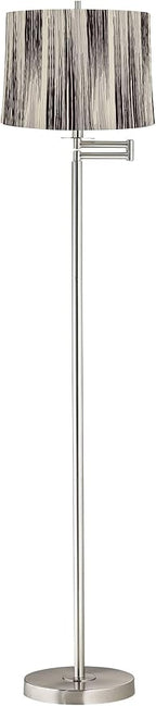 360 Lighting Druckman Modern 60 1/2" Tall Standing Floor Lamp Skinny Adjustable Swing Arm Pole Silver Metal Brushed Nickel Finish Living Room Bedroom House Reading Office Black Stripe Drum Shade