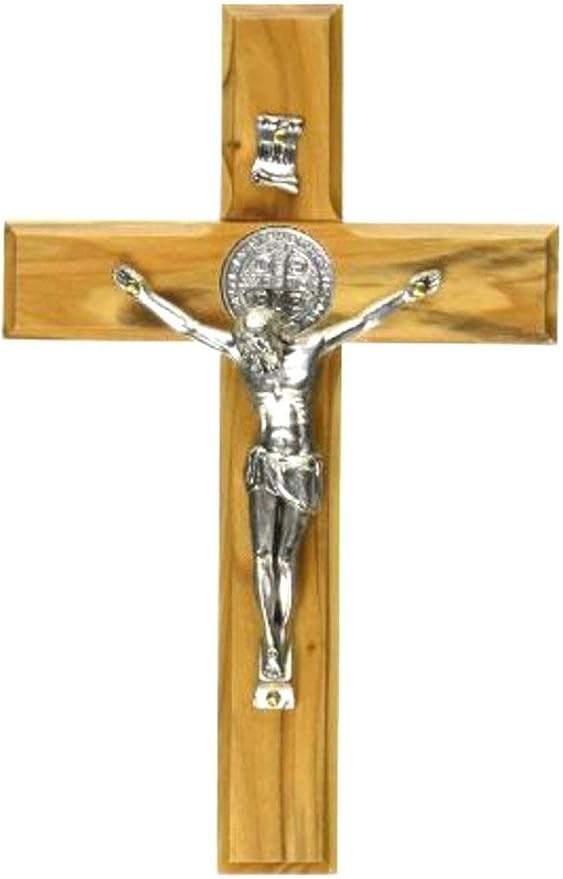 Holy Land Market Saint Benedict Wall Crucifix - Handmade Olive Wood & Metal Corpus, 10 Inch Religious Decor