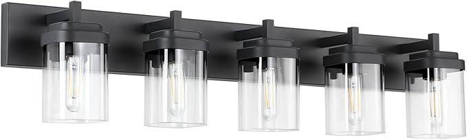 Vanity Light Fixture,5-Light Vanity Light for Bathroom,Matte Black Bathroom Vanity Lighting Over Mirror with Square Clear Glass Shade for Restroom