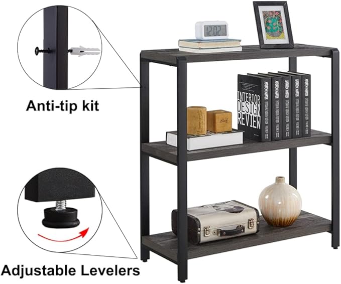 EXCEFUR Bookshelf and Bookcase, 3 Tier Vintage Shelf for Office, Rustic Wood and Metal Book Shelves, Grey