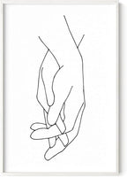 Holding Hands Wall Art Interlocking Fingers Connection Continuous Line Drawing 24x36 Inch Oak Wood White Framed Modern Minimalist Unity Print for Bedroom