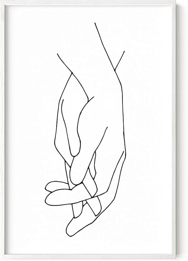 Holding Hands Wall Art Interlocking Fingers Connection Continuous Line Drawing 24x36 Inch Oak Wood White Framed Modern Minimalist Unity Print for Bedroom