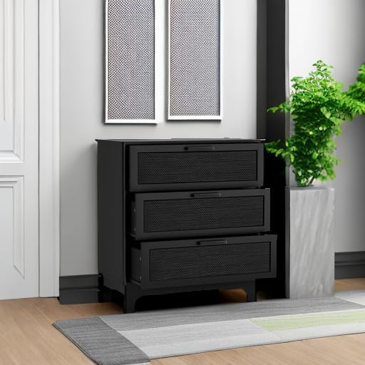Anmytek 35" H Black Rattan Dresser, Farmhouse 3 Drawer Dresser with Natural Rattan Spacious Chest of Drawers for Living Room, Nursery, Hallway H0096