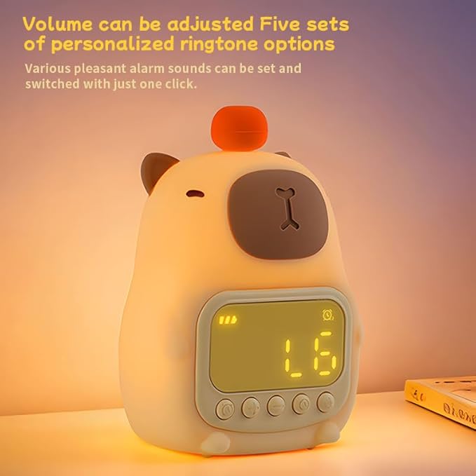 Capybara Alarm Clock with Night Light for Kids, Cute Toddler Alarm Clocks for Bedrooms Ok to Wake Clocks for Girls and Boys, Rechargeable Silicone Animal Tabletop Lamp for Kid