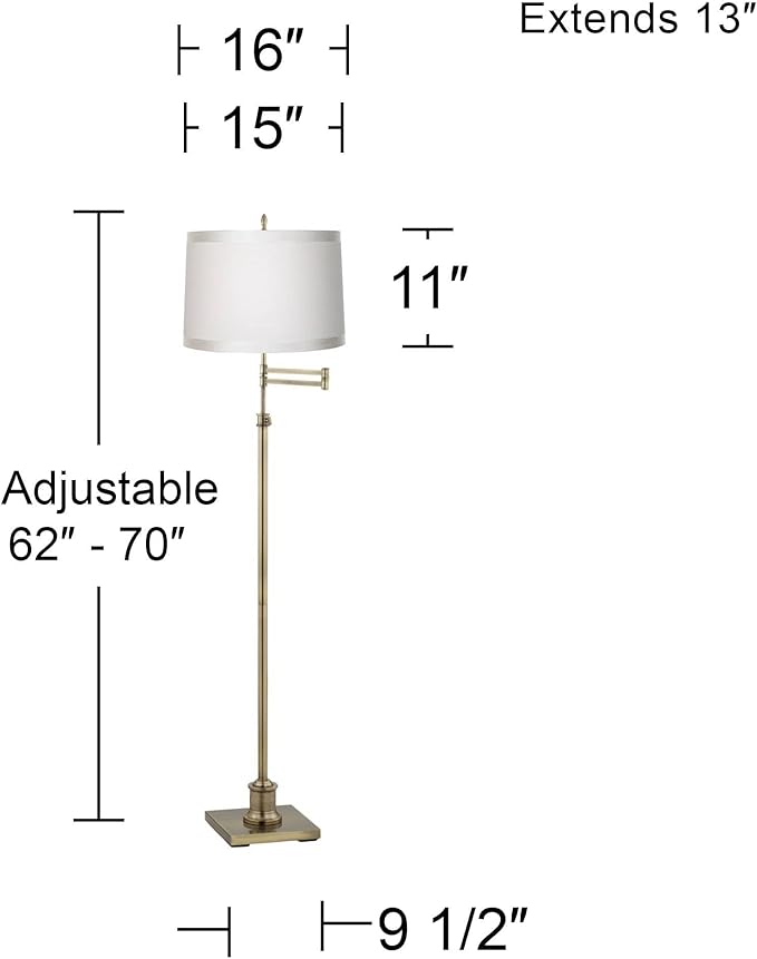 360 Lighting Westbury Swing Arm Floor Lamp Adjustable Height Standing 70" Tall Antique Brass Off White Ribbon Trimmed Fabric Drum Shade Decor for Living Room Reading House Bedroom Home