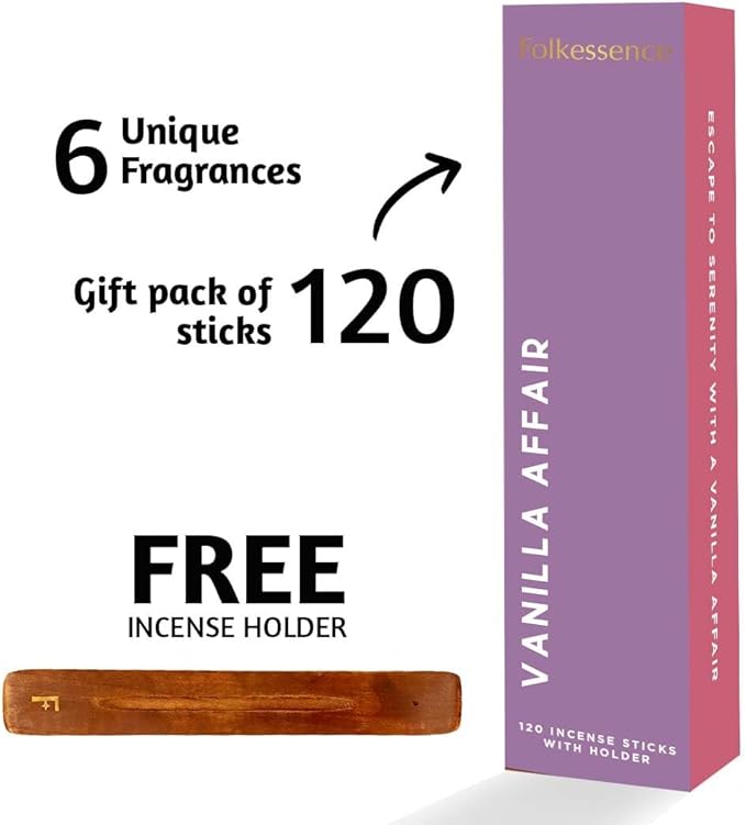 Folkulture Incense Sticks with Holder (120 Sticks) | Set of 6 Incense Sticks for Aromatherapy, Focus | No Charcoal, Organic, Non Toxic, 45 Mins, Long Burning Vanilla, Coconut, Lavender Insence-Sticks