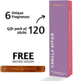 Folkulture Incense Sticks with Holder (120 Sticks) | Set of 6 Incense Sticks for Aromatherapy, Focus | No Charcoal, Organic, Non Toxic, 45 Mins, Long Burning Vanilla, Coconut, Lavender Insence-Sticks