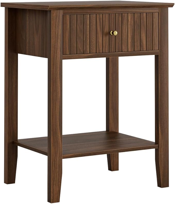 Fluted Nightstand, Farmhouse Night Stand with 1 Drawers, Mid Century Modern Side Accent Table,Bedside End Table for Bedroom, Living Room, Brown
