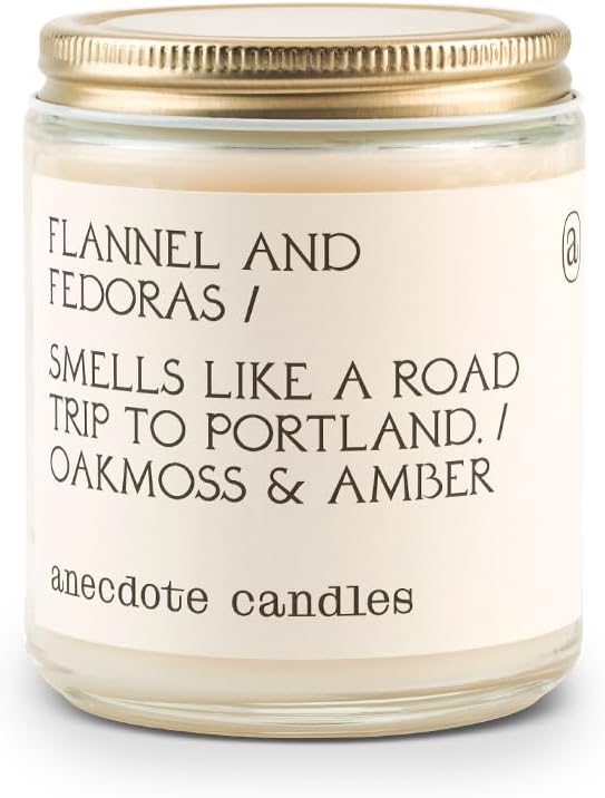 Anecdote 'Flannel & Fedoras' Coconut Soy Wax Candle Jar | Premium Hand Poured & Long Burning | Oakmoss & Amber Scent | Phthalate-Free | for Home, Office, Gift - 7.8 Oz