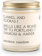 Anecdote 'Flannel & Fedoras' Coconut Soy Wax Candle Jar | Premium Hand Poured & Long Burning | Oakmoss & Amber Scent | Phthalate-Free | for Home, Office, Gift - 7.8 Oz