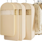 2 Packs Gusseted Garment Bags for Hanging Clothes Suit Bags for Open Closet Storage, Side Clear Clothing Cover for Coat, Dress, Jacket, Shirt, Fur Wardrobe Protector, (ecru, 52 inch)