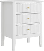 Fluted Nightstand, Farmhouse Night Stand with 3 Drawers, Mid Century Modern Side Accent Table,Bedside End Table for Bedroom, Living Room, White