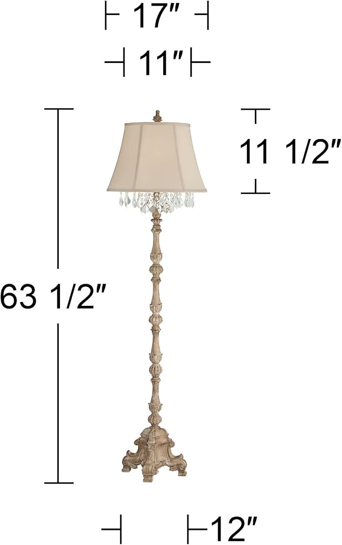 Barnes and Ivy Duval French Vintage Traditional Standing Floor Lamp 63.5" Tall Distressed Candlestick Crystal Glass Beading Cream Bell Shade Decor for Living Room Reading House Bedroom Home