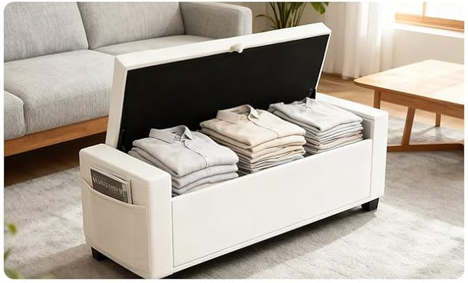 Storage Ottoman Bench for Bedroom & End of Bed Seating, Upholstered Tufted Linen Bench with Hidden Storage & Safety Hinge, 43 Inch, 350 lb Weight Capacity, Linen Beige