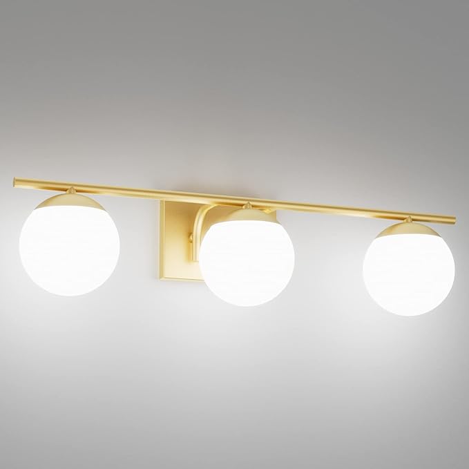 Ralbay Gold Vanity Lights - 3-Light Mid Century Modern Bathroom Wall Lights with Milky Glass Globe