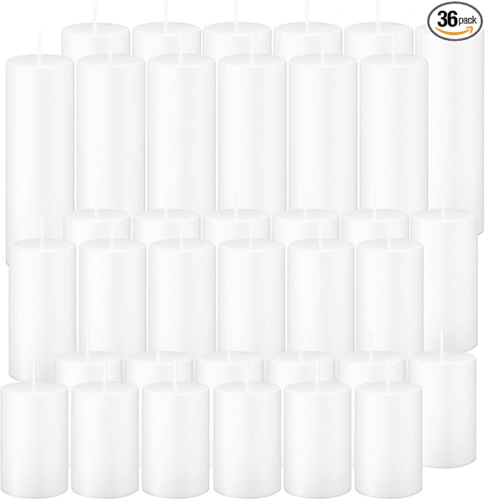 36 Pcs White Pillar Candles Bulk Set，Hurricane Candles，3 Different Lengths 2 x 3/4/6 Inch (12 Each)，Dripless Unscented Smokeless，Gives You a Better Atmosphere When Organizing an Event Party.