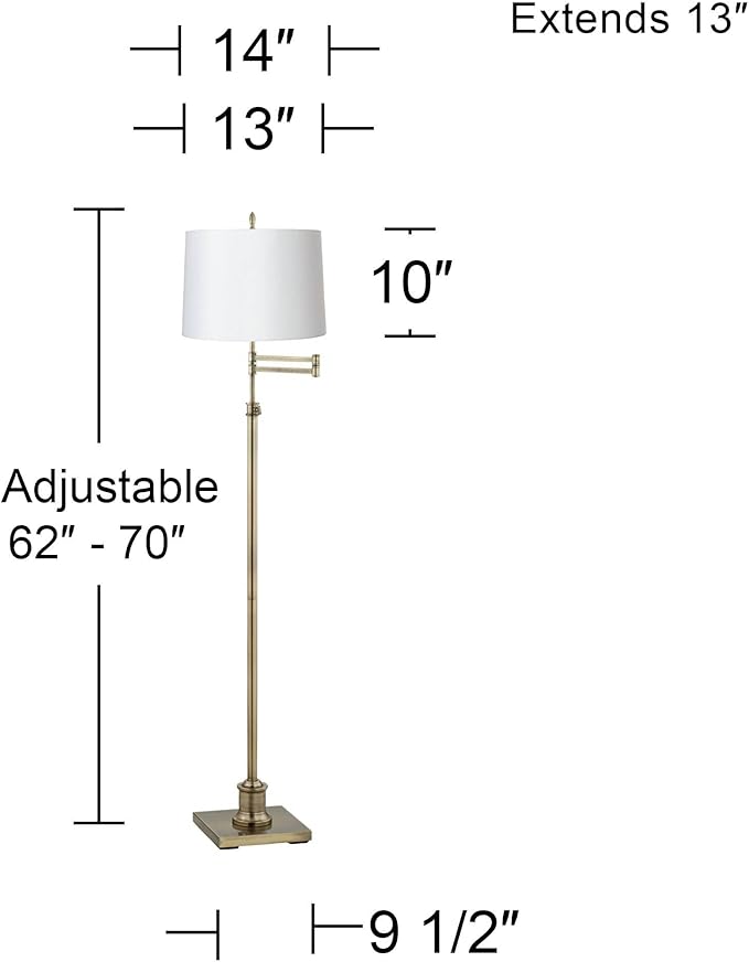 360 Lighting Westbury Modern Swing Arm Floor Lamp Adjustable Height Standing 70" Tall Antique Brass White Hardback Drum Shade Decor for Living Room Reading House Bedroom Home