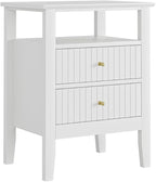 Fluted Nightstand, Farmhouse Night Stand with 2 Drawers, Mid Century Modern Side Accent Table,Bedside End Table for Bedroom, Living Room, White