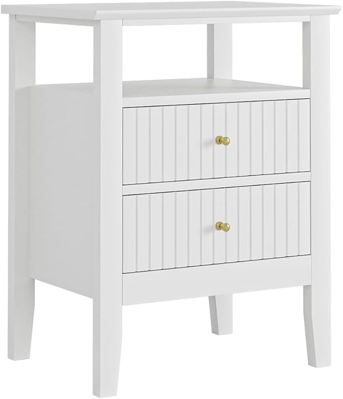 Fluted Nightstand, Farmhouse Night Stand with 2 Drawers, Mid Century Modern Side Accent Table,Bedside End Table for Bedroom, Living Room, White