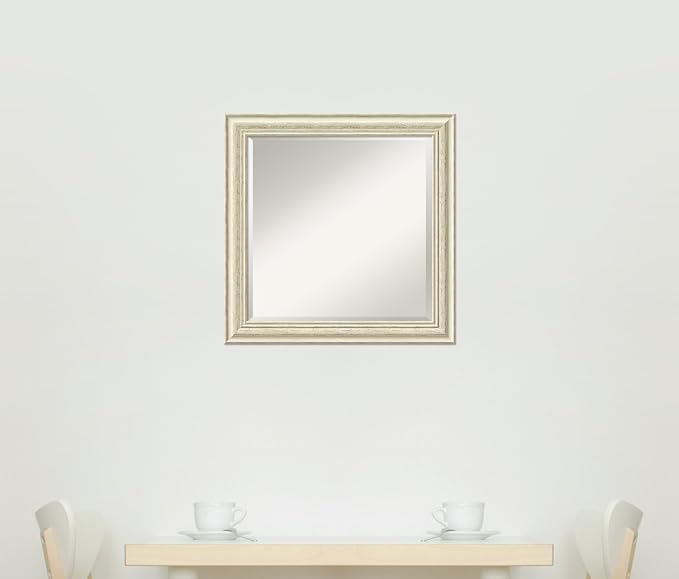 Amanti Art White Wall Mirror 24x24 Country White Wash Square Bathroom Mirror for Wall Decor Living Room, Medium Country Rustic Wood Frame, Hangs Horizonally and Vertically, Bathroom Decor, Beveled