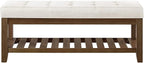 24KF Large Rectangular Upholstered Tufted Linen Ottoman Bench, Padded Bench with Solid Wood Shelf-Ivory