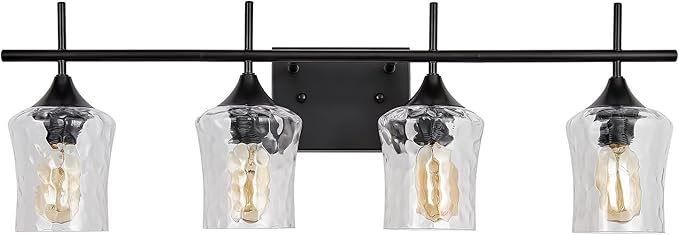 Modern Glass Vanity Light Fixture,4 Light Industrail Black Metal Vanity Light for Bathroom Bedroom Living Room