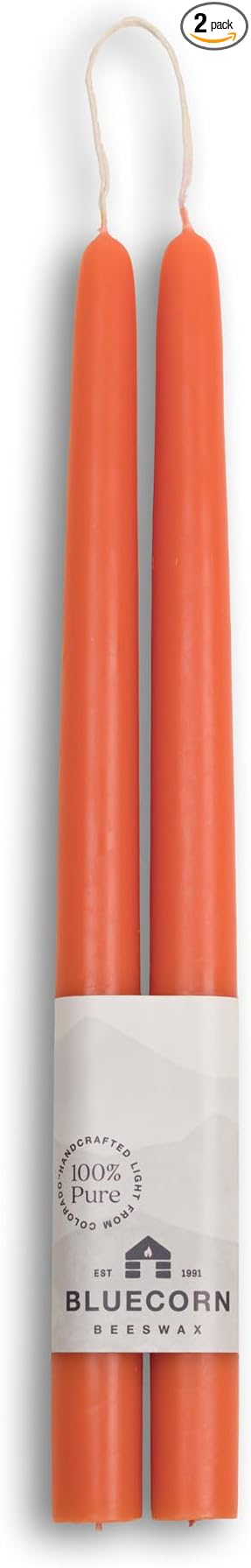 Bluecorn Beeswax Taper Candles, 100% Pure Natural Bees Wax, 12 Inch Pair, Orange Candlesticks, Unscented, Clean Burning & Dripless, Long Lasting, Thanksgiving & Christmas Decor, American Made, 1 Count