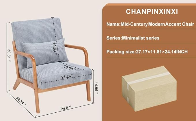 KEIKI Mid-Century Modern Upholstered Accent Chair, Solid Wood Lounge Chair for Living Room