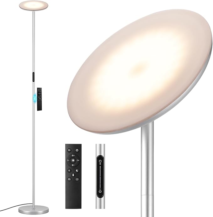 Modern LED Floor Lamp - Remote & Touch Control, 36W/1500LM Sky Torchiere Standing Lamp, Fully Dimmable, 3 Color Temperatures, Ideal for Living Room & Bedroom, Easy to Assemble(Grey)